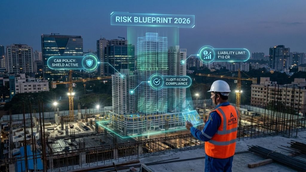 A professional Indian general contractor in a white hardhat using a transparent tablet to project a holographic "Risk Blueprint" over a 3D construction model, showing active CAR and Liability overlays.