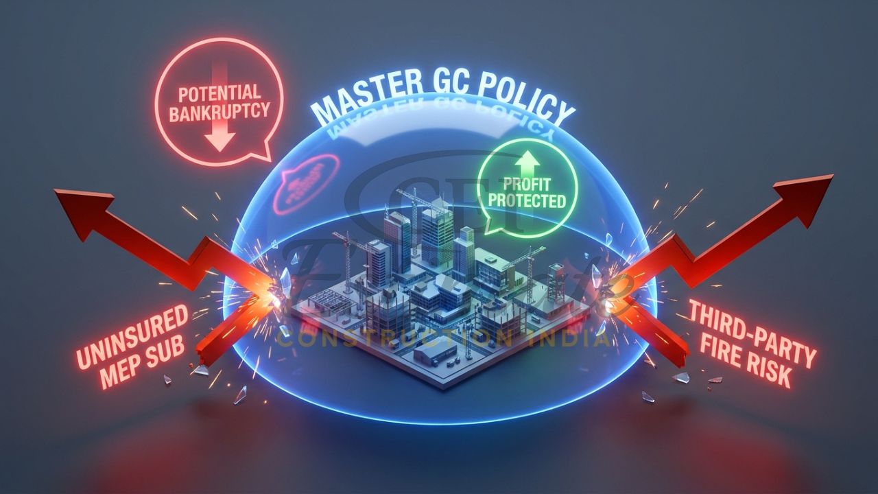 A 3D isometric infographic showing a "Master GC Policy" shield protecting a project from red arrows labeled "Uninsured Subcontractors" and "Third-Party Fires."