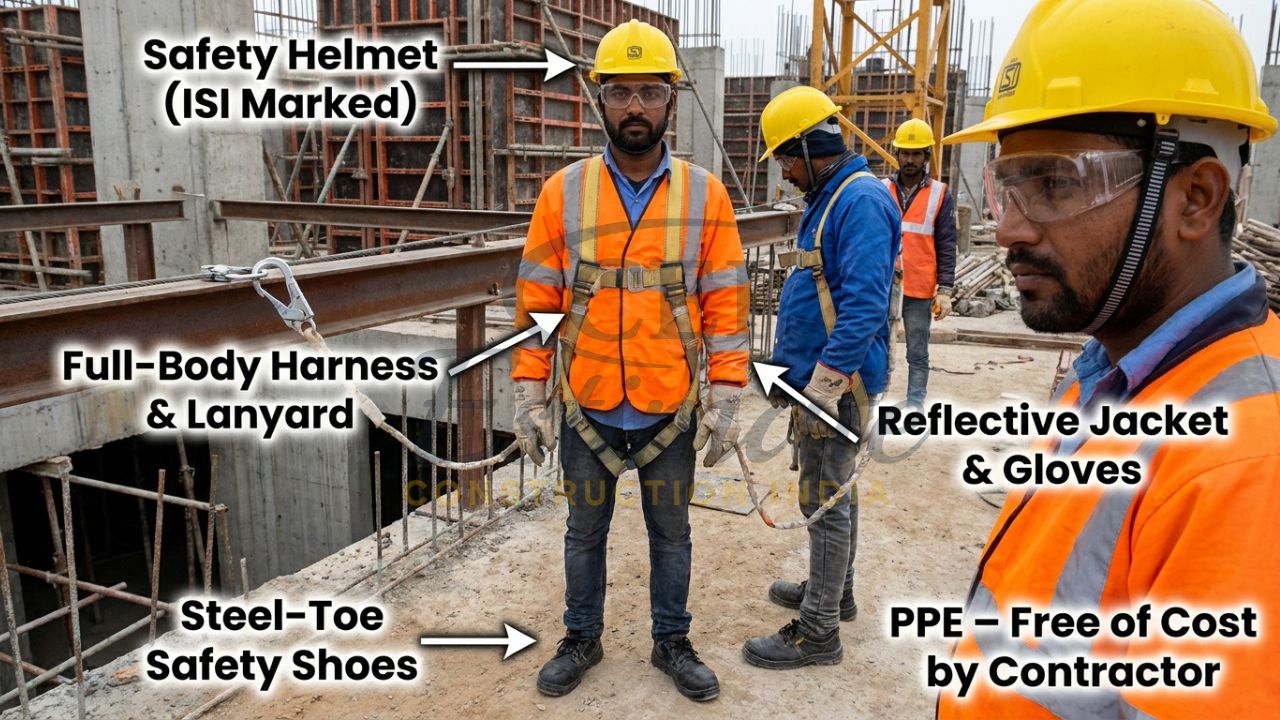 Construction workers properly wearing ISI-marked PPE on site as per Indian safety rules