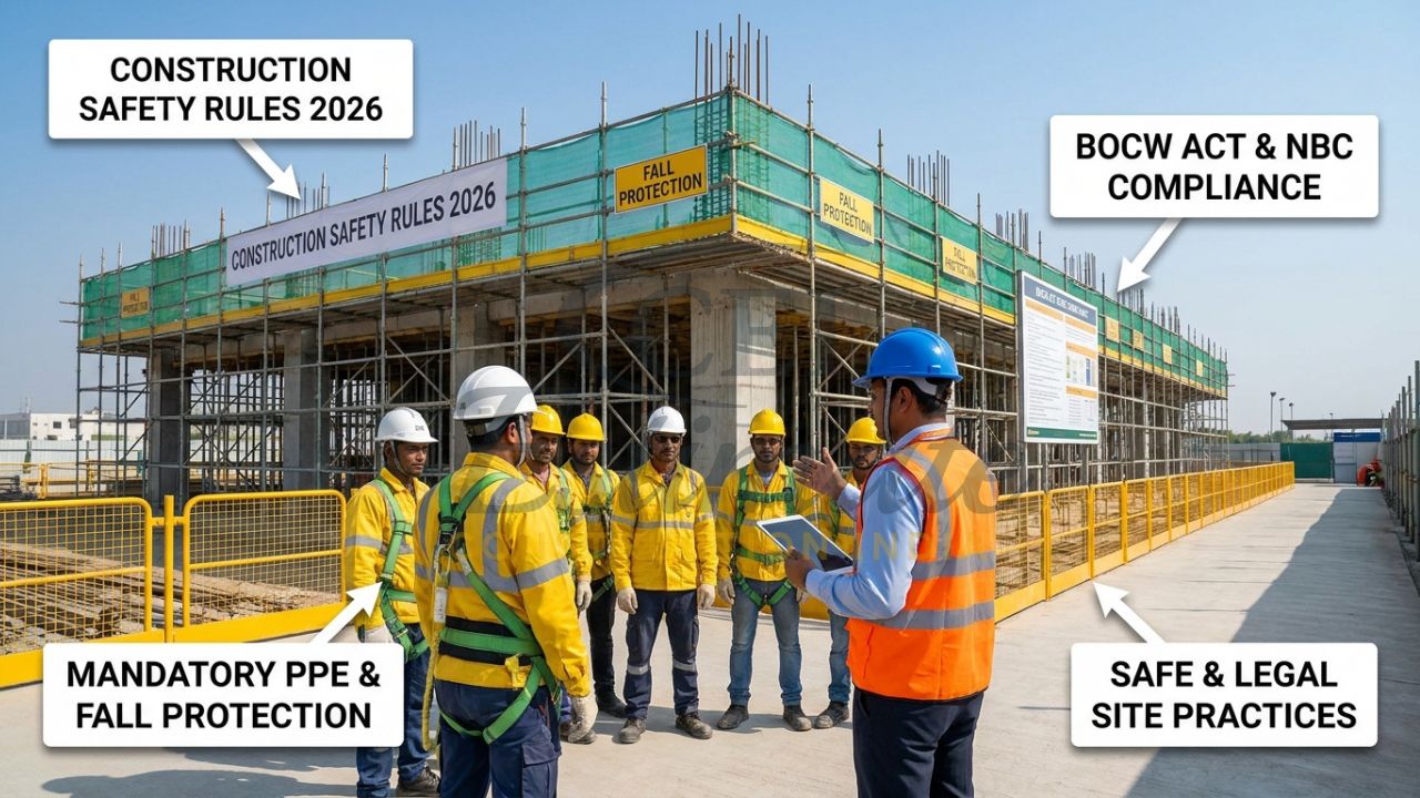 Safe and compliant construction site in India following 2026 safety rules and PPE standards