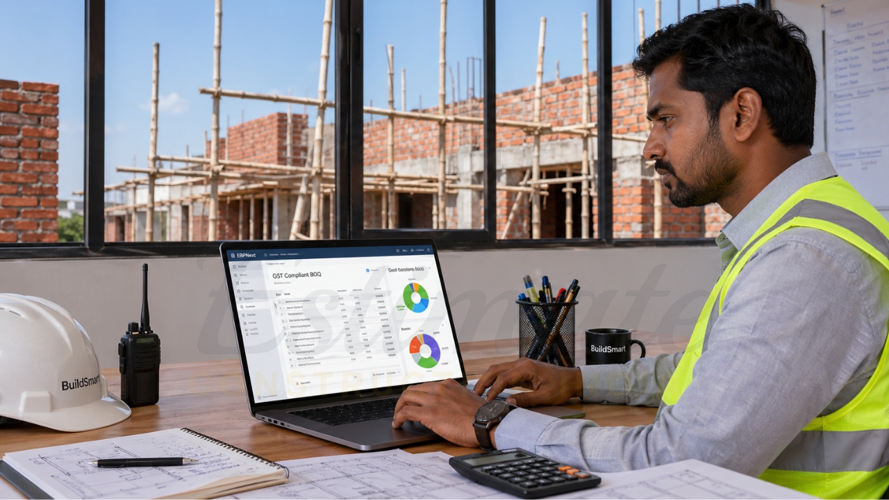 Construction professional using software for BOQ and cost estimation on laptop at site office.