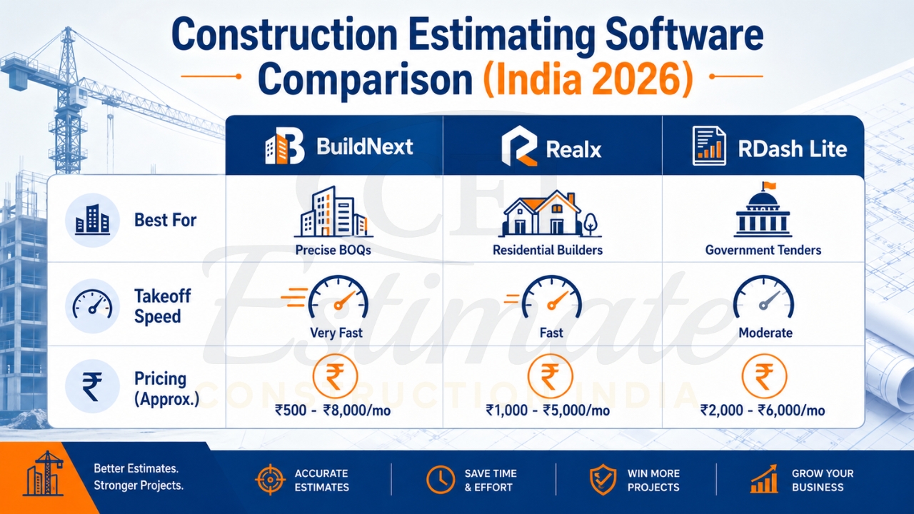 Construction estimating software comparison India 2026 showing BuildNext, Realx, and RDash Lite features and pricing.
