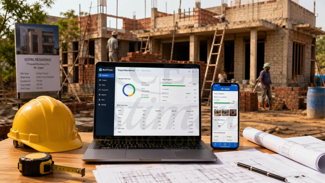 Construction project tracking software on laptop and mobile at building site with workers.