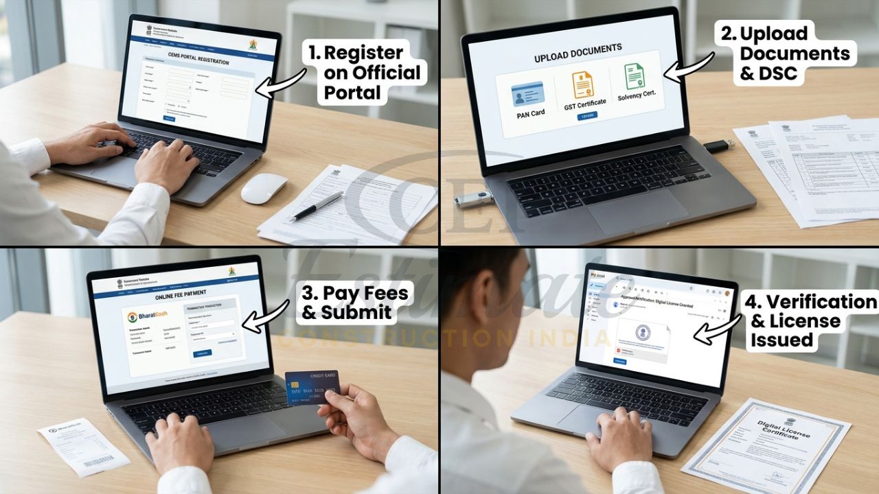 Real photos showing online registration steps for PWD contractor license and CPWD enlistment