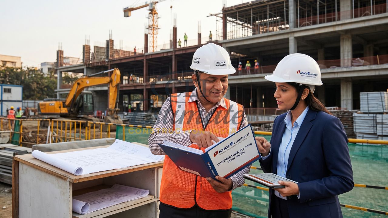 Construction professionals reviewing ICICI Lombard contractors all risk insurance policy on a project site in India