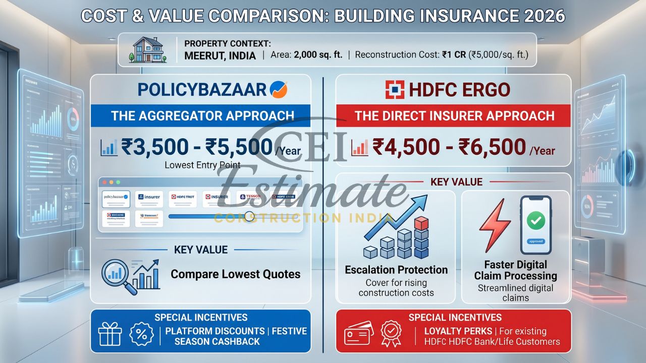 Building insurance cost comparison 2026 Policybazaar vs HDFC ERGO pricing ₹3500 to ₹6500 per year Meerut India