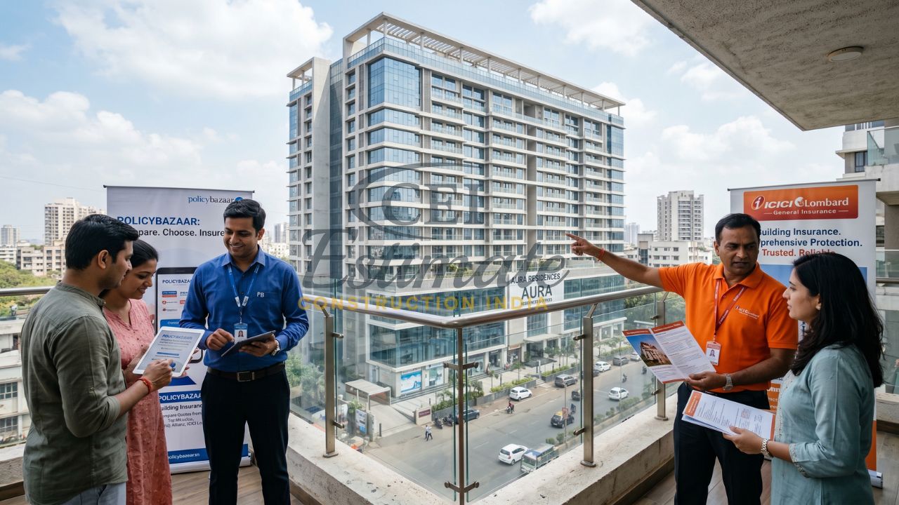 People comparing building insurance plans with Policybazaar and ICICI Lombard agents near residential apartment in India