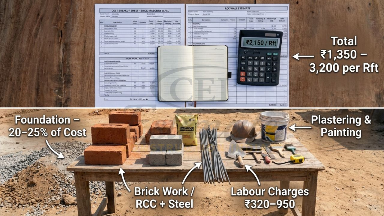 Detailed material and labour cost breakup for brick and RCC boundary walls