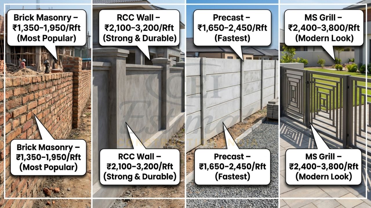 Comparison of Brick, RCC, Precast and MS Grill boundary walls