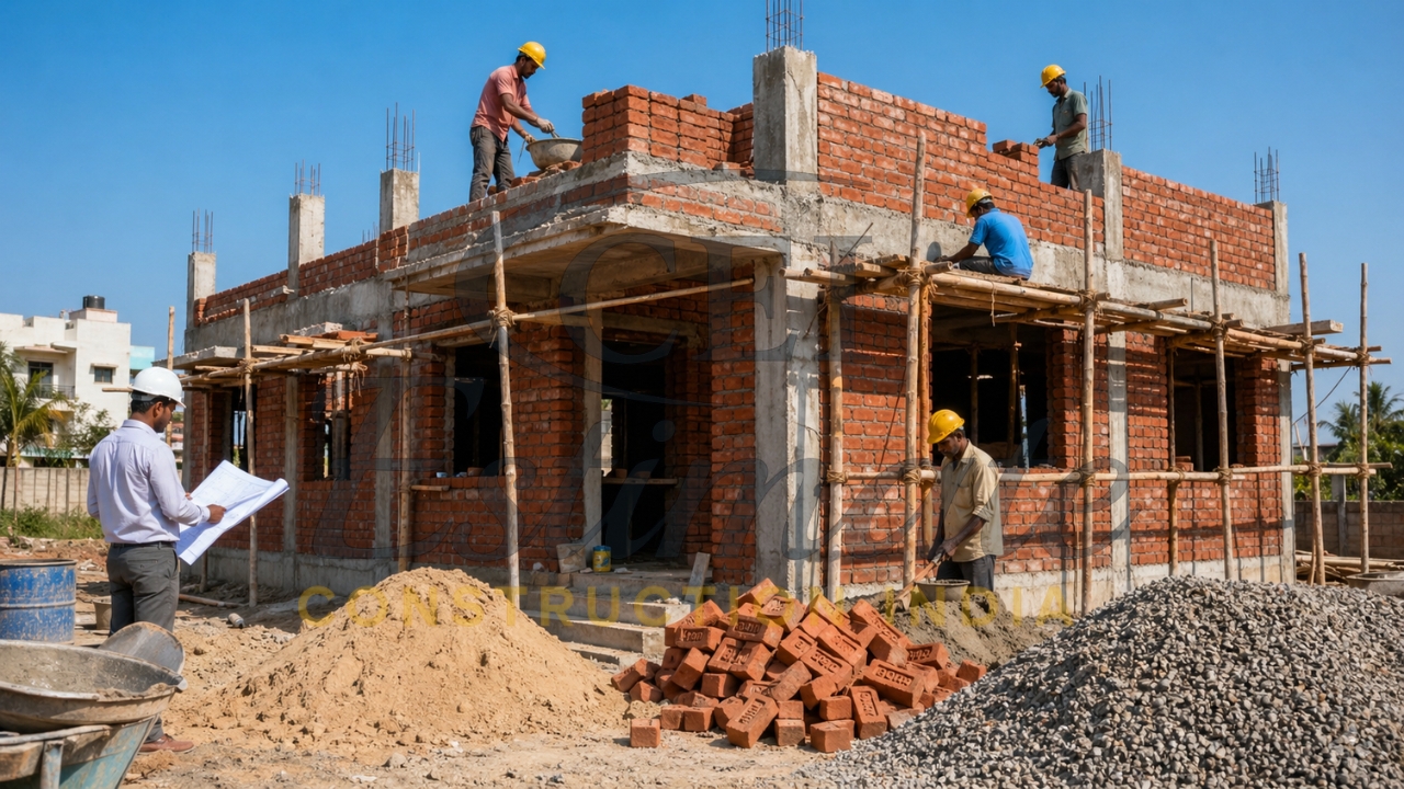 Small house construction in progress with workers laying bricks, site engineer reviewing plans, and building structure under development.