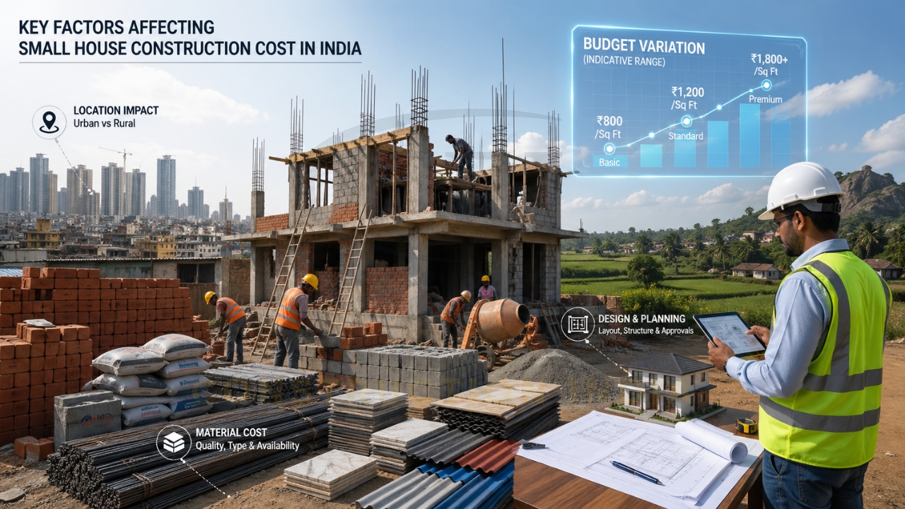 Key factors affecting small house construction cost in India, showing building site, materials, engineer planning, and budget comparison chart.