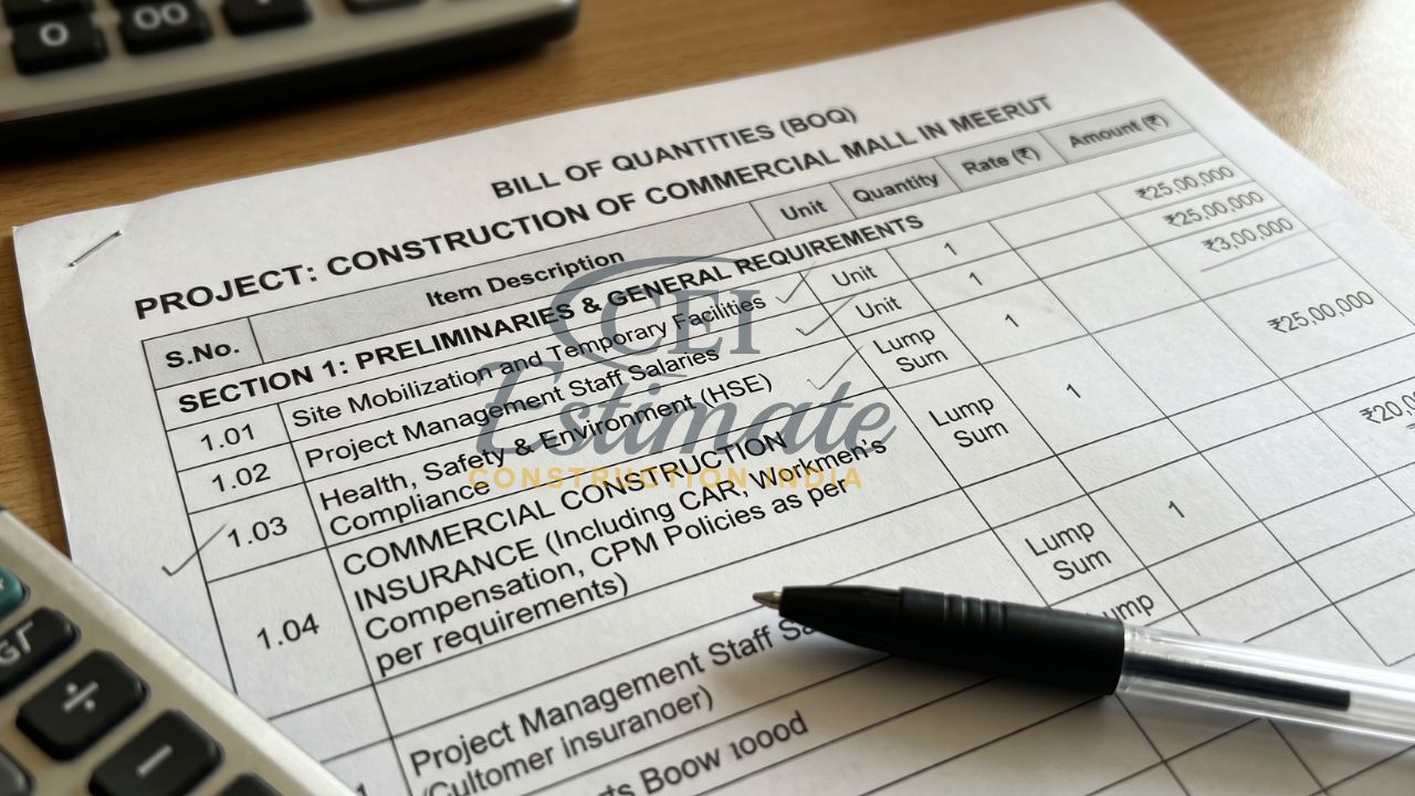 Bill of quantities showing commercial construction insurance cost and project expenses in India