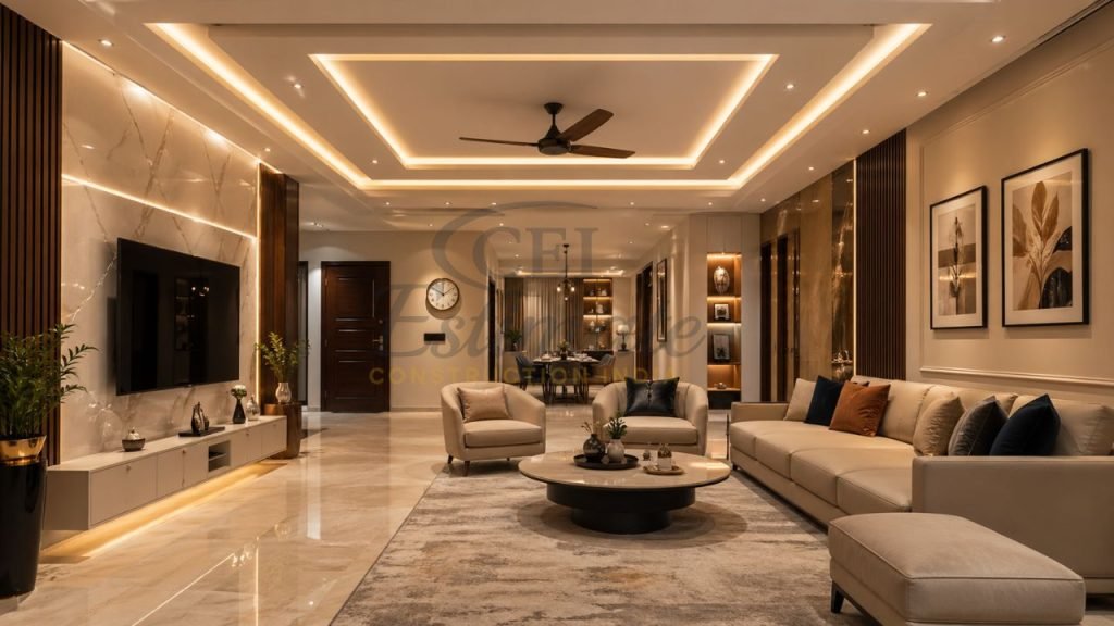 Modern living room interior with POP false ceiling design, LED lighting, wall panels, and luxury furniture setup