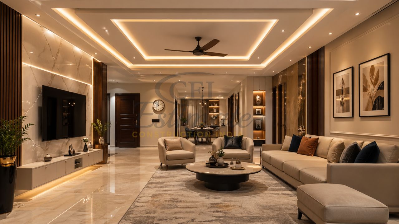 Modern living room interior with POP false ceiling design, LED lighting, wall panels, and luxury furniture setup