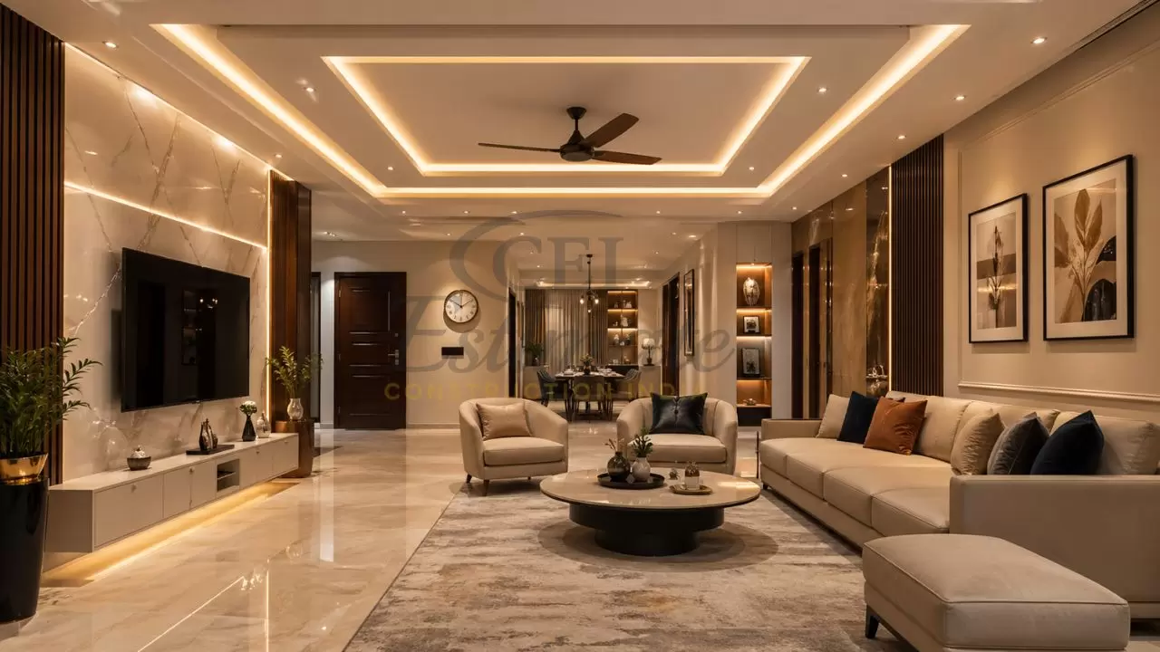 Modern living room interior with POP false ceiling design, LED lighting, wall panels, and luxury furniture setup