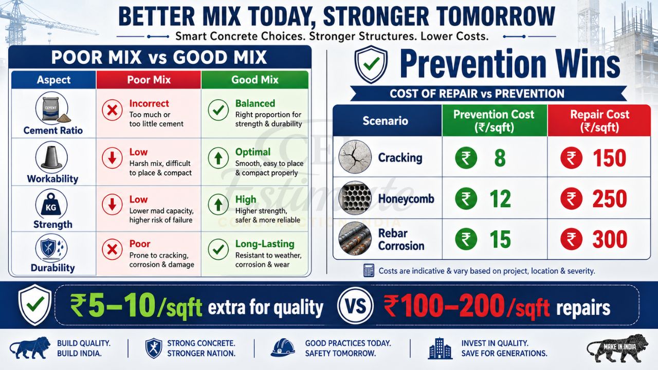 Poor vs good concrete mix comparison chart with cement ratio, workability, strength, durability and cost of repair vs prevention in construction
