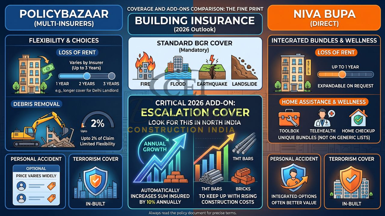 Building insurance comparison infographic showing Policybazaar vs Niva Bupa coverage add-ons escalation cover and risk protection