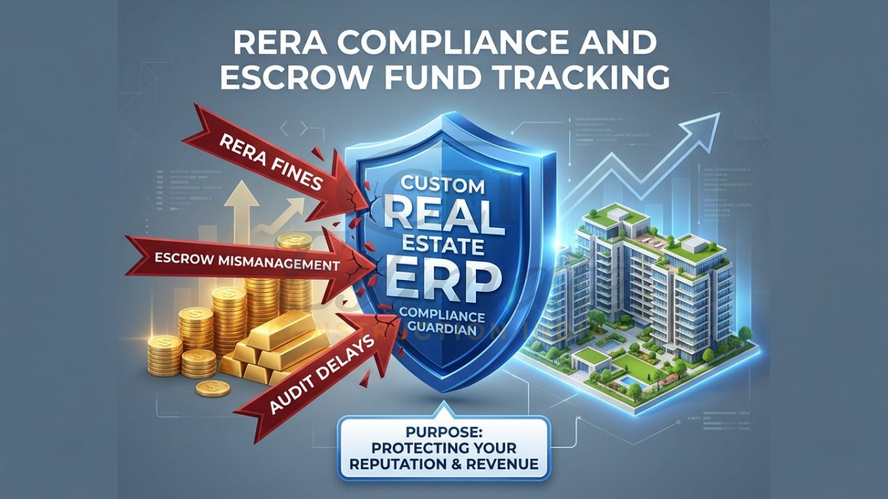 A 3D digital shield representing "Custom ERP" protecting a construction project from red jagged arrows labeled "RERA Fines," "Escrow Mismanagement," and "Legal Delays."