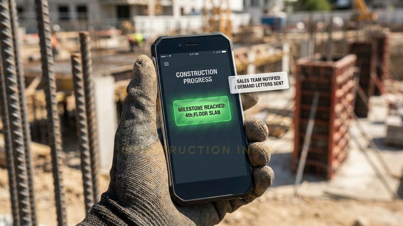 A site engineer in a tier-2 city using a mobile ERP app to update construction milestones, which instantly notifies the sales team and generates customer payment demand letters.