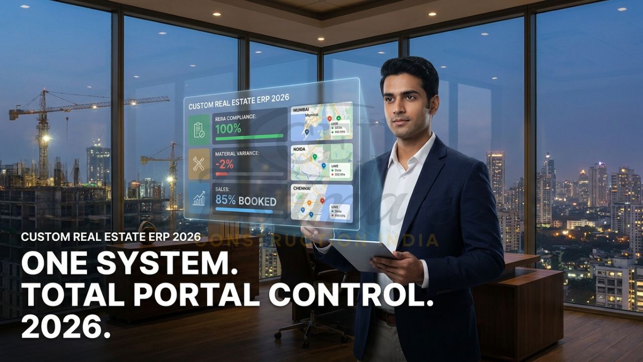 A professional Indian real estate developer in a high-rise office holding a tablet, with a holographic "ERP Dashboard" showing real-time site data, RERA escrow compliance, and sales status for projects in Mumbai, Noida, and Chennai.