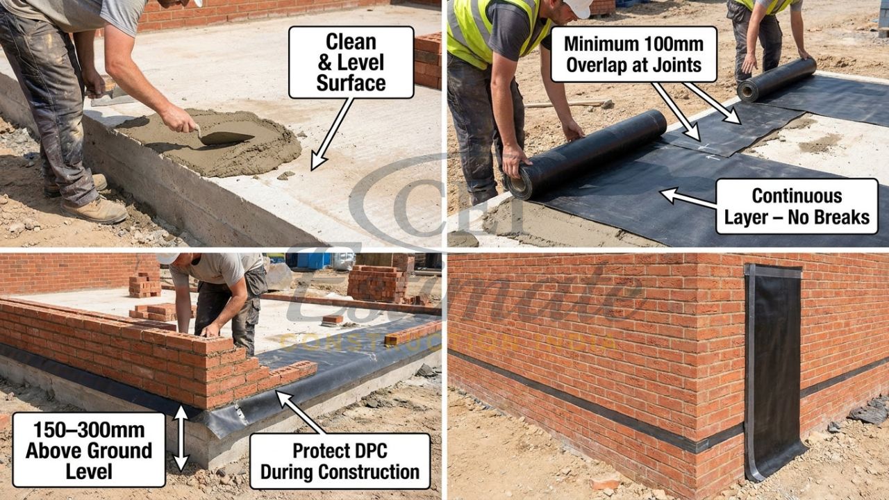 Real installation of horizontal Damp Proof Course during building construction in India