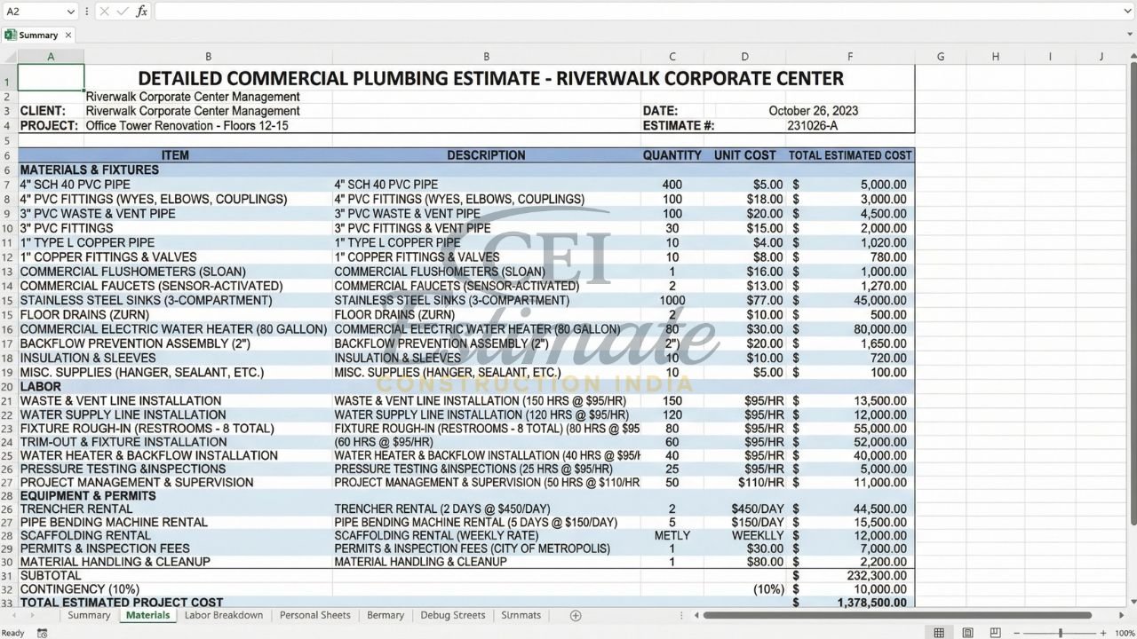 detailed commercial plumbing estimate boq excel sheet office building plumbing cost breakdown india