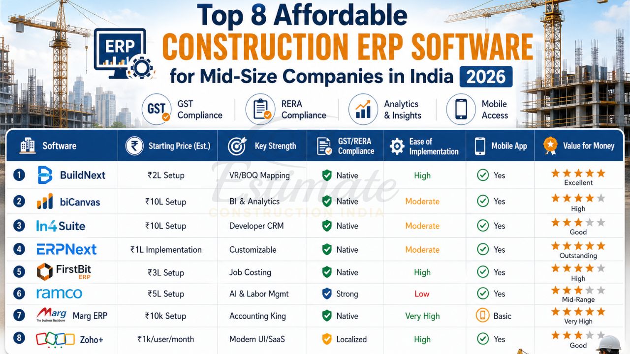construction ERP software comparison table India 2026 with pricing BOQ mapping GST compliance mobile app and value for money
