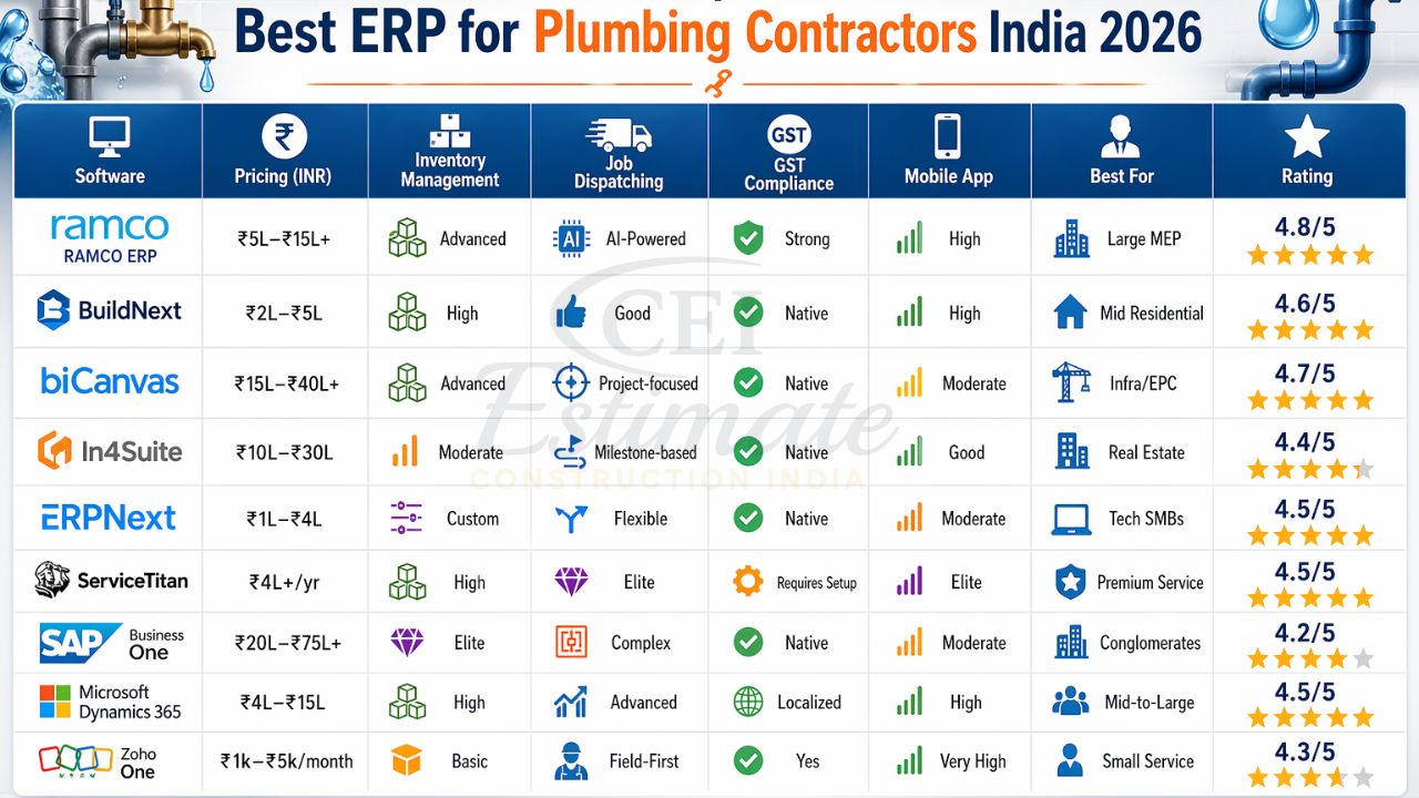 ERP comparison table plumbing contractors India 2026 pricing inventory GST mobile app SAP Zoho ERPNext ServiceTitan