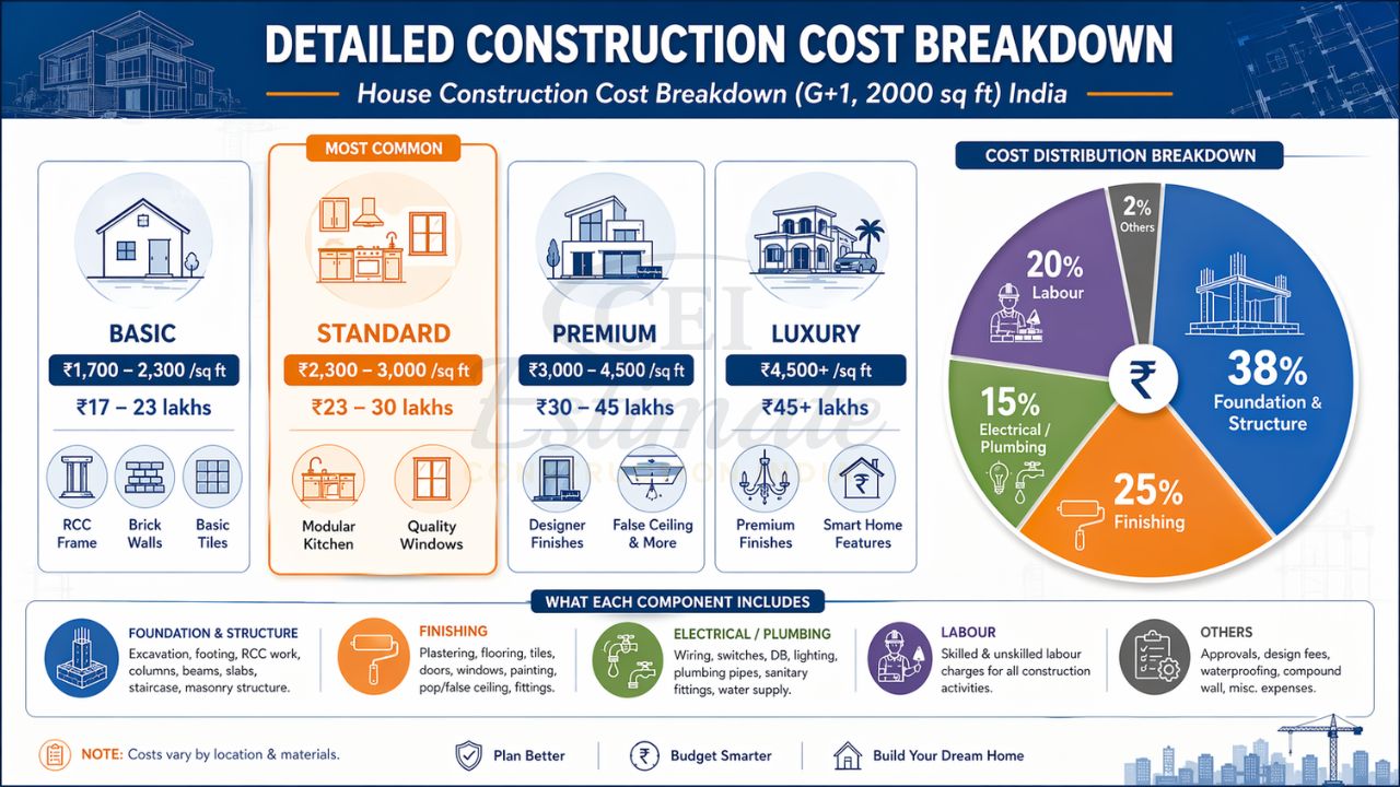 house construction cost breakdown India 2000 sq ft G+1 foundation structure finishing labour electrical plumbing cost distribution
