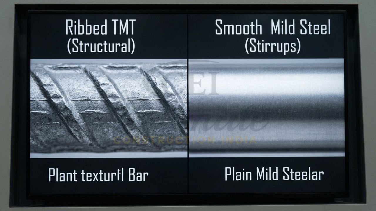 Texture comparison between ribbed TMT bars and smooth mild steel bars.