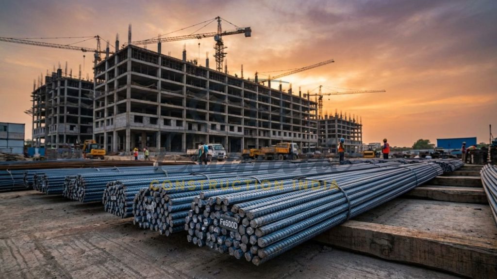 Bundles of Fe500D TMT steel bars at an Indian construction site in 2026.