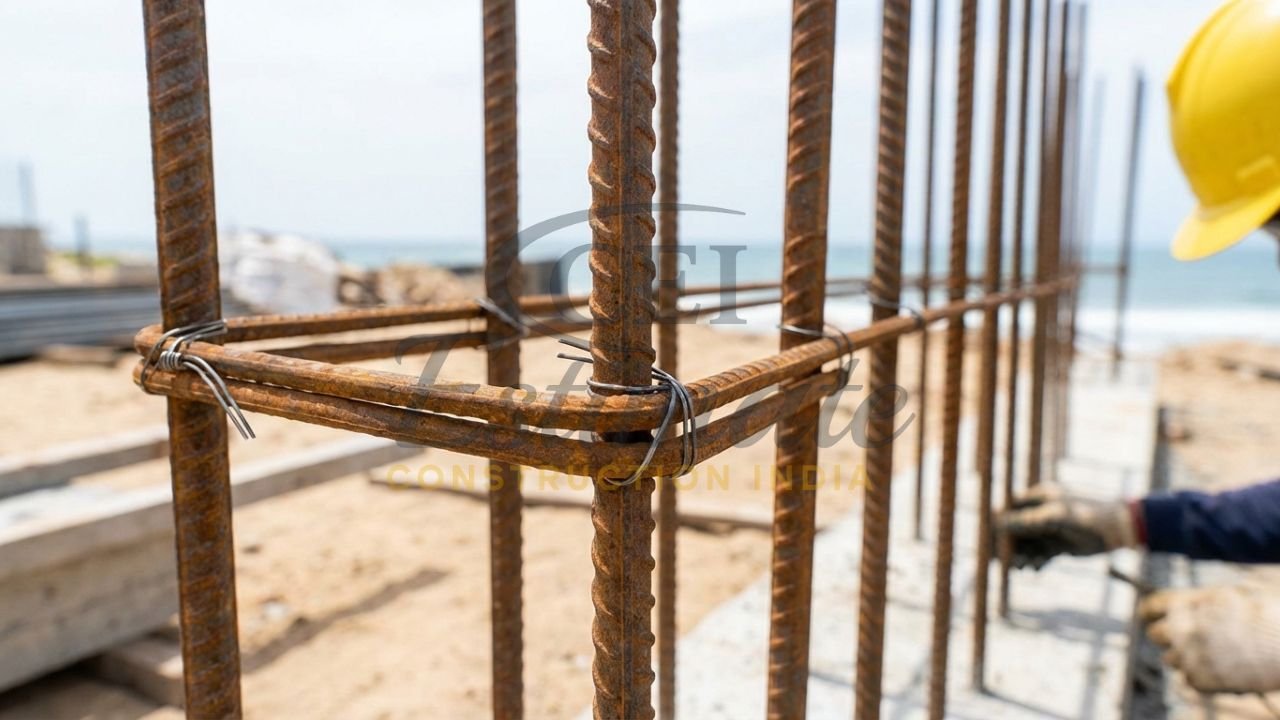 Corrosion Resistant Steel (CRS) bars used in a high-moisture foundation in India.
