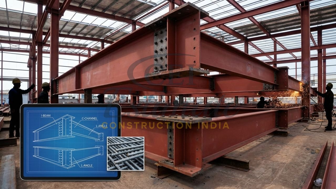 Structural steel I-beams and channels used in an industrial warehouse framework.