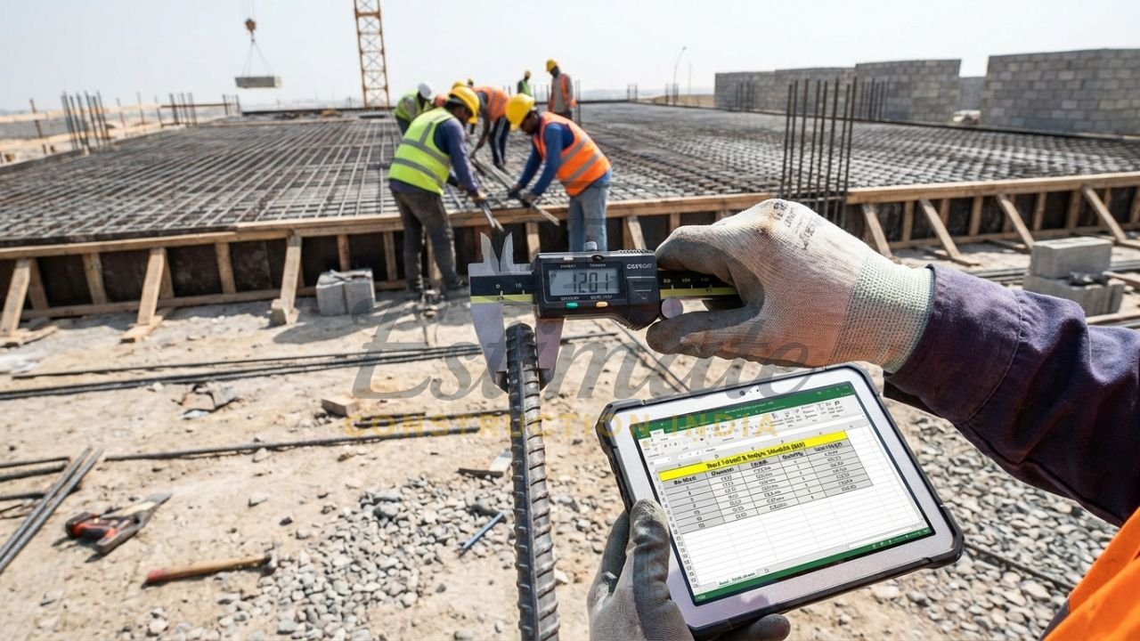 Site engineer performing a digital steel diameter check and quantity takeoff.