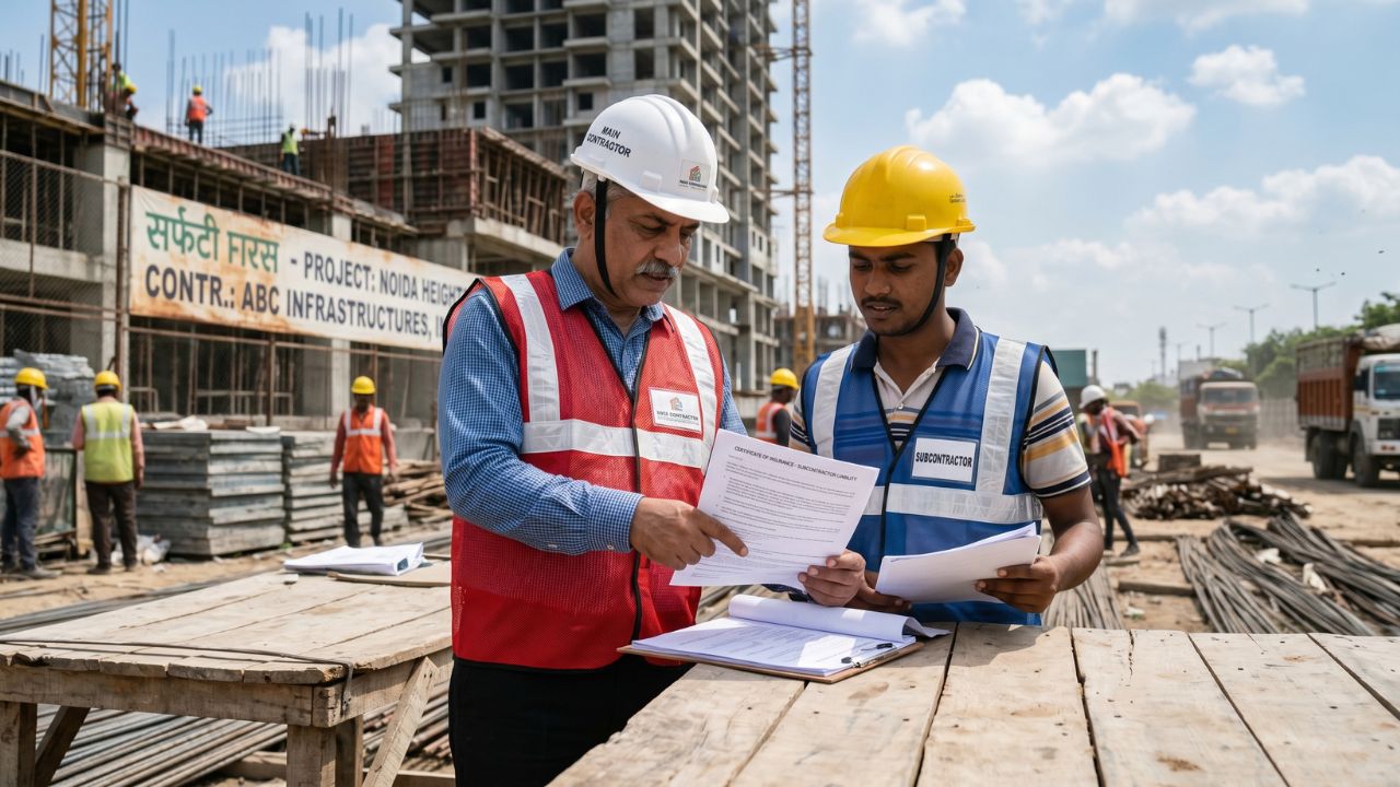 Main contractor and subcontractor reviewing insurance documents at construction site with workers and high-rise building in India