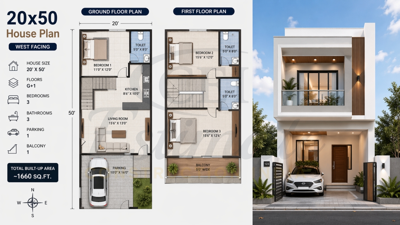20x50 west facing double storey house plan with ground and first floor layout and front elevation.