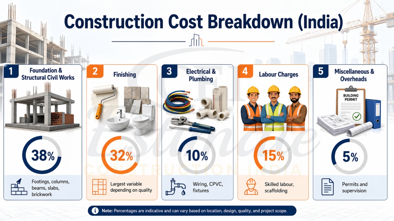 Construction cost breakdown India showing foundation, finishing, MEP, labour, and overhead percentages.