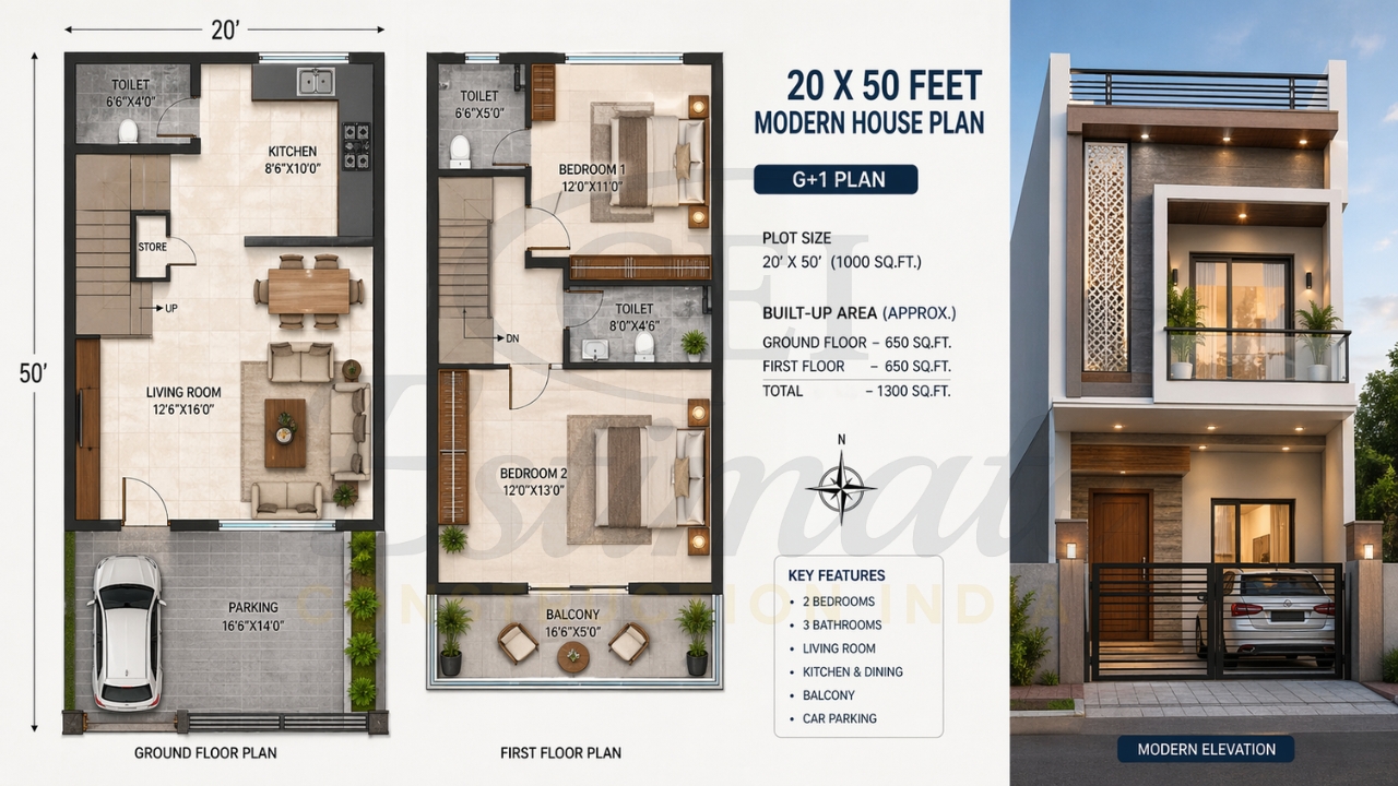 20x50 modern house plan with ground and first floor layout and elevation design.
