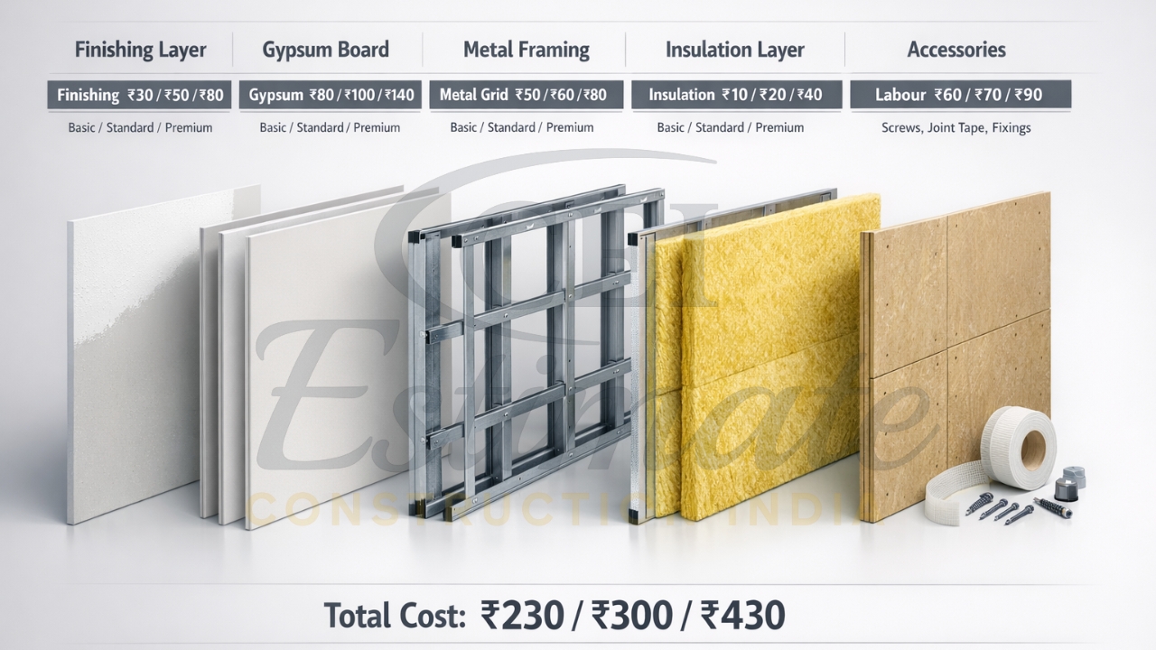 Drywall BOQ cost breakup gypsum board framing labour India 2026