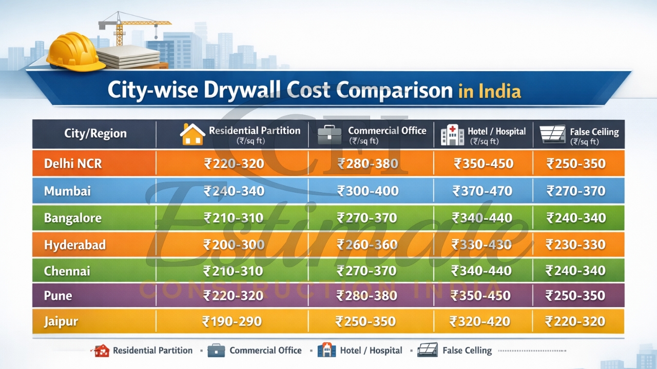 2026 Drywall cost per sq ft India cities Delhi Mumbai Bangalore table