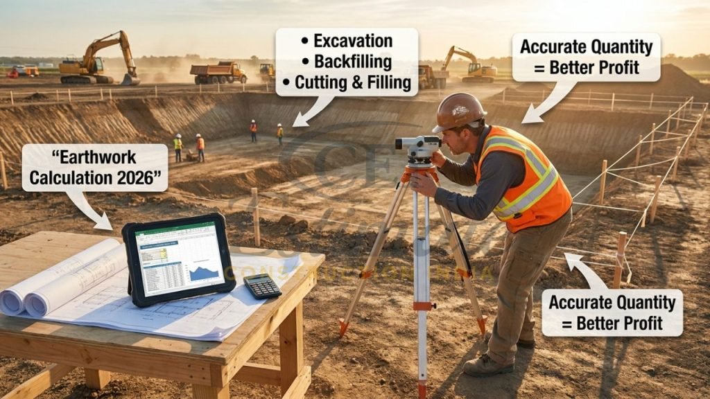 Site engineer performing earthwork quantity calculation with level instrument and drawings on construction site
