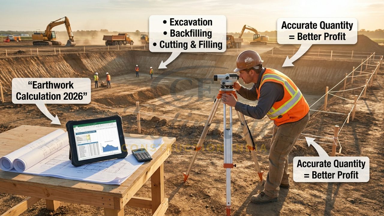 Site engineer performing earthwork quantity calculation with level instrument and drawings on construction site