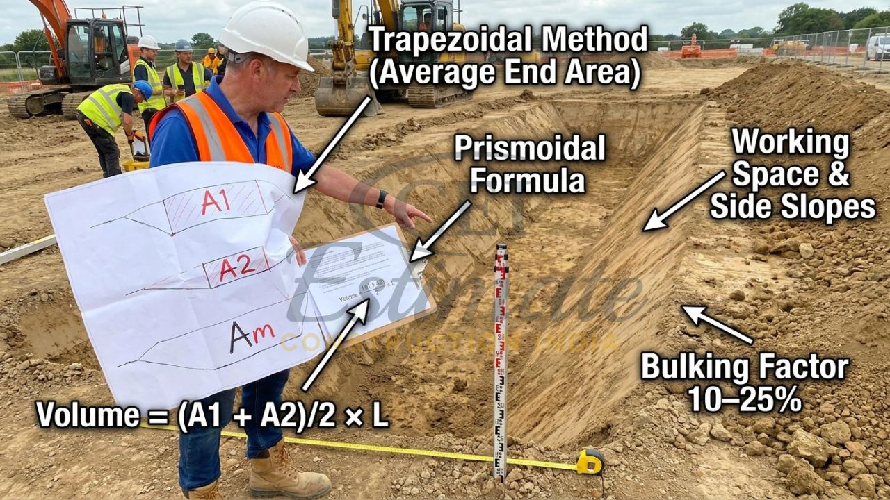 Engineer calculating earthwork volume using cross-section method on site