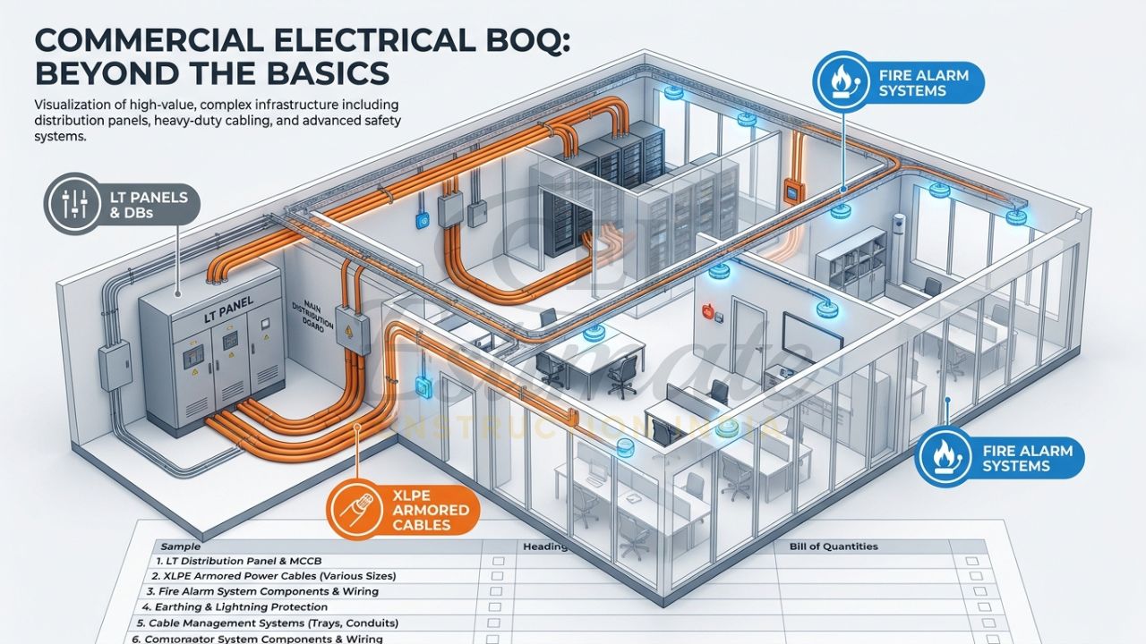 A 3D cutaway of an office building showing the internal electrical wiring, LT panels, and server rooms with a commercial BOQ checklist.
