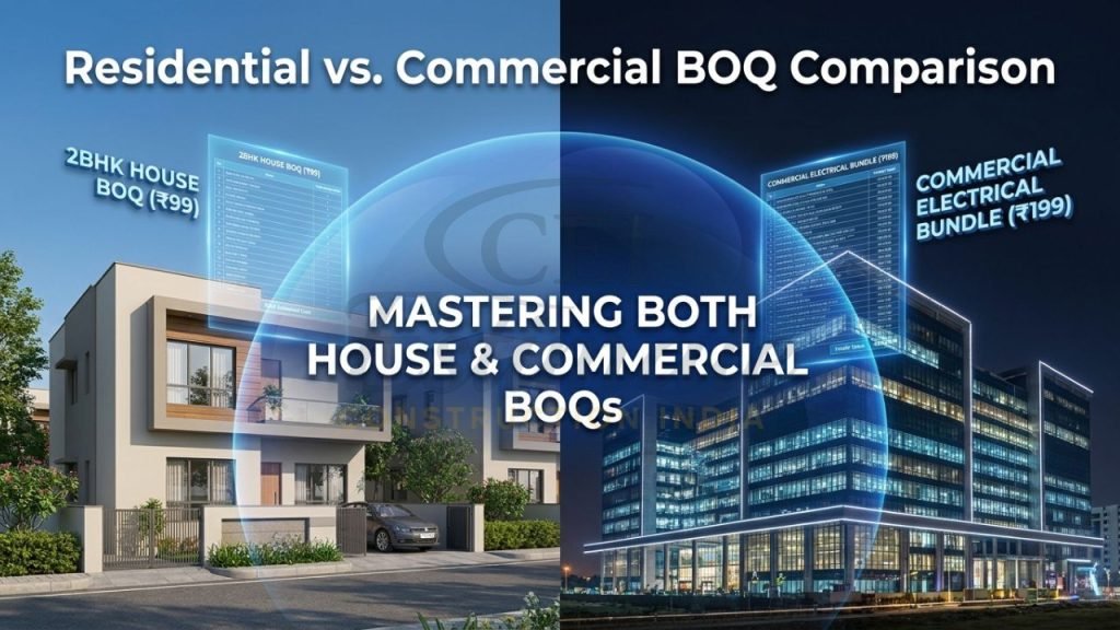 A split-screen comparison showing a modern 2BHK house in Ghaziabad and a large IT park in Noida, each with a glowing digital BOQ sheet overlay.