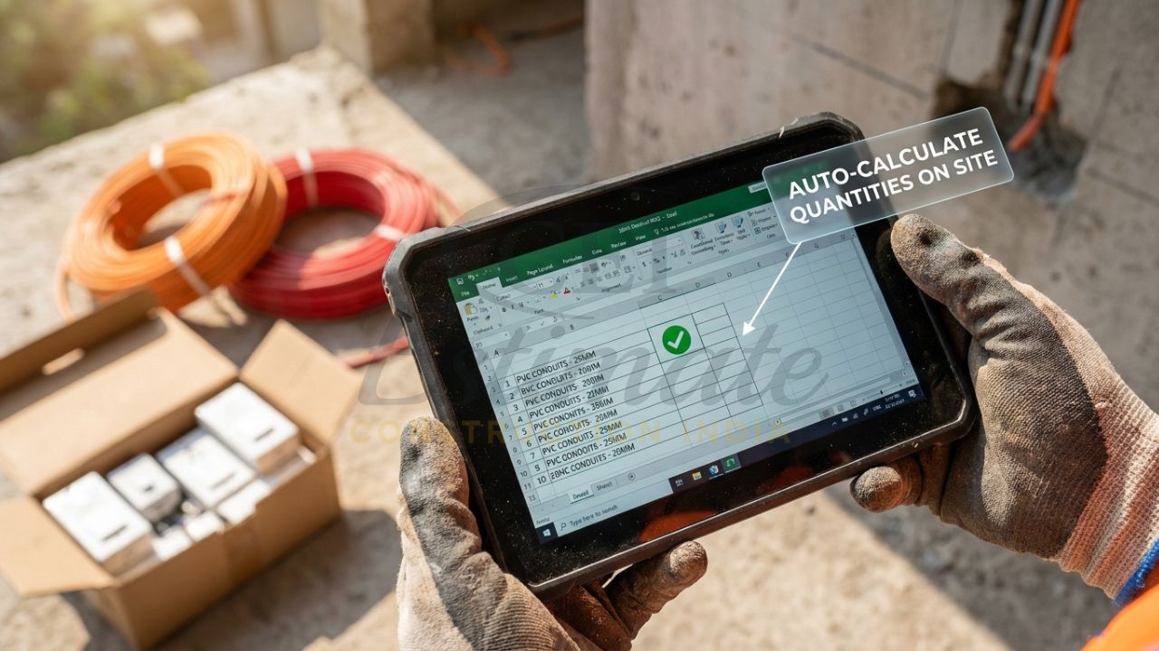 A close-up of an electrical contractor's hand holding a tablet at a 2BHK site, using an automated Excel BOQ to verify conduit lengths.