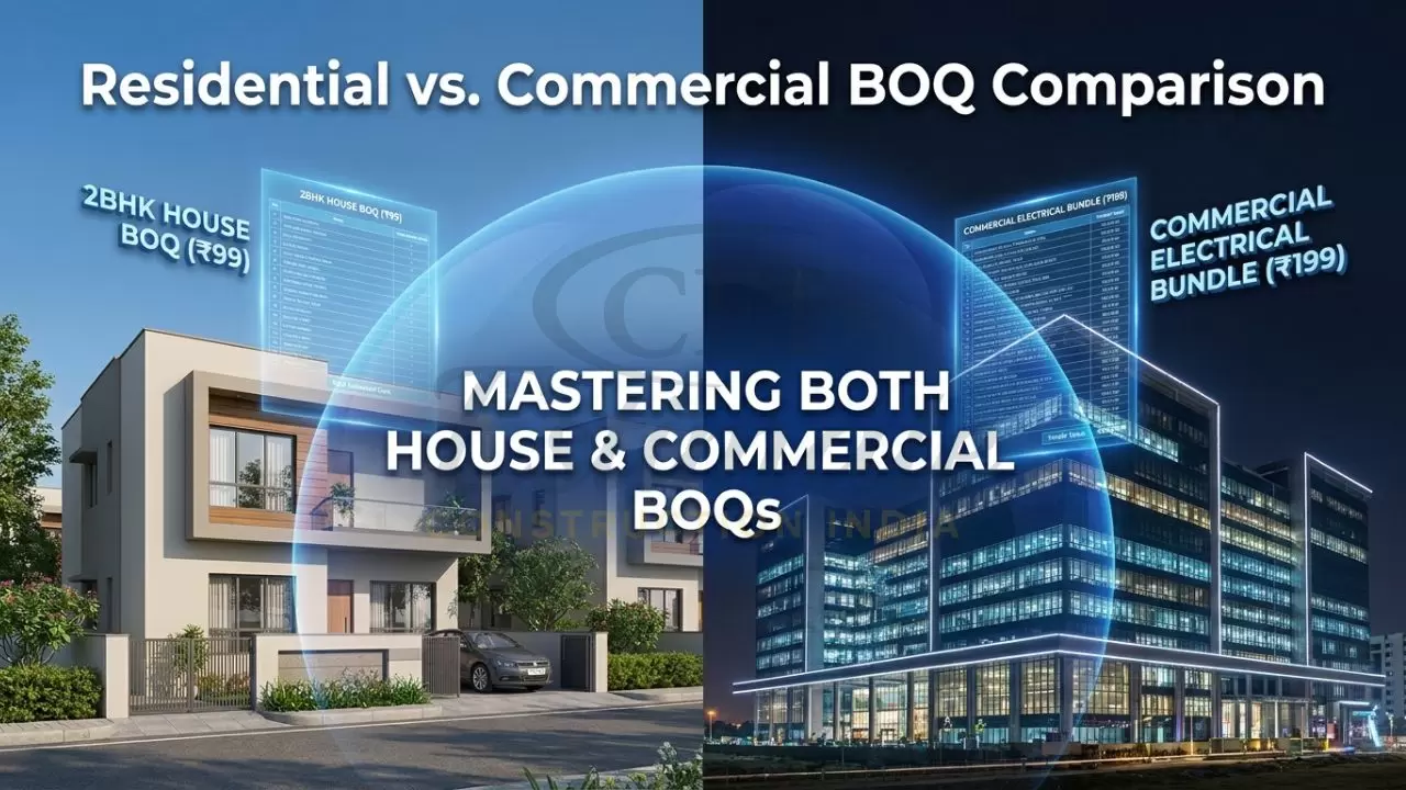 A split-screen comparison showing a modern 2BHK house in Ghaziabad and a large IT park in Noida, each with a glowing digital BOQ sheet overlay.