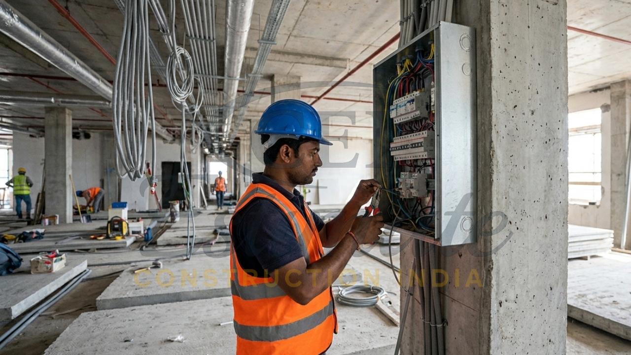 Electrical wiring installation with technician working on distribution board in building