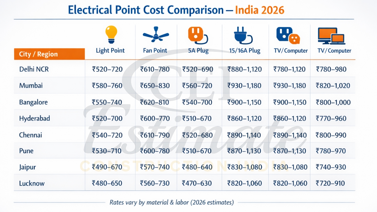 City wise electrical cost per point in India 2026 map of major metros