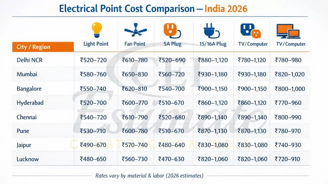 City wise electrical cost per point in India 2026 map of major metros